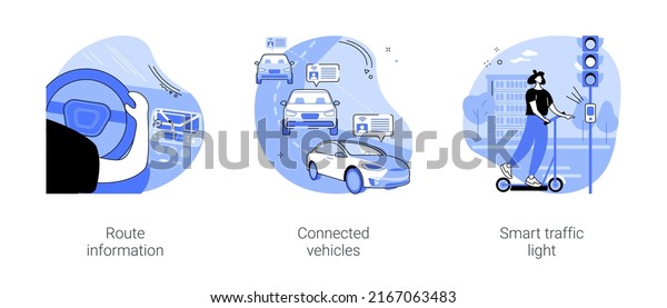 Smart city transportation isolated cartoon\
vector illustrations set. Car driver get real-time route\
information, online service, connected vehicles technology, smart\
traffic light vector\
cartoon.
