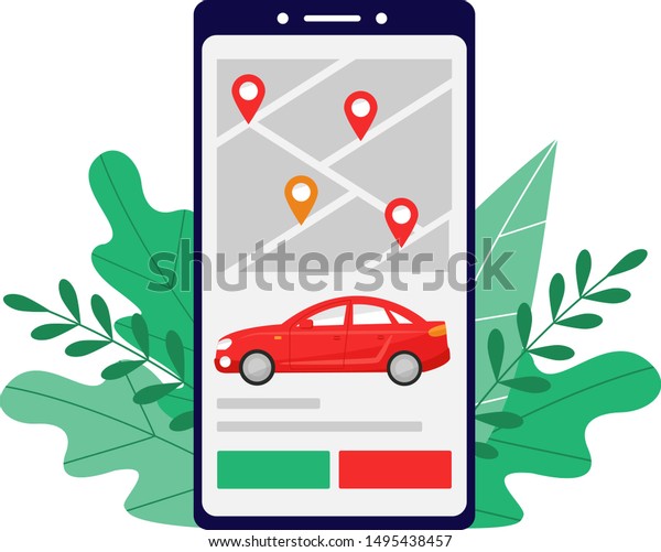 Smart city transportation vector illustration\
concept, Online red car sedan sharing in screen of smartphone, can\
use for landing page, template, ui, web, mobile app, poster,\
banner, flyer.