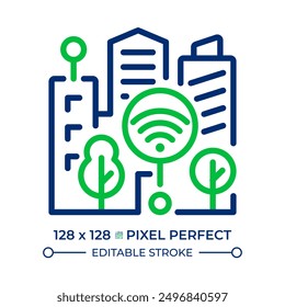 Smart city two color line icon. Iot infrastructure system, connectivity. Urban architecture. Modern skyscrapers bicolor outline symbol. Duotone linear pictogram. Isolated illustration. Editable stroke