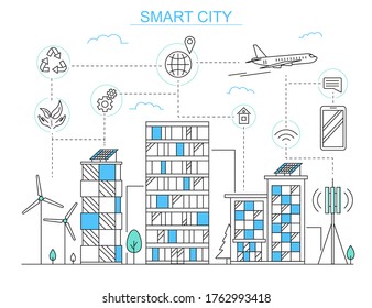 Smart City Urban Building Concept Contour Linear Style. Vector illustration of Lineart Cityscape with Innovation Technology