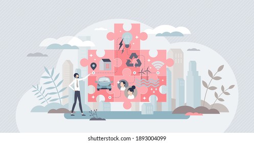 Smart city and urban ecological environment in future tiny person concept. Modern 5G connection coverage, effective traffic and wise resources consumption vector illustration. Life in modern town.