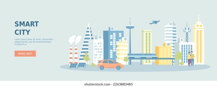 Smart city. Urban landscape with building architecture, communication, infrastructure, transportation, services, eco energy. Promotional web banner. Cartoon flat vector illustration.	
