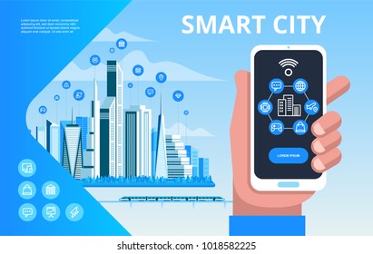 Smart city. Urban landscape with buildings, skyscrapers and transport traffic. Hand holding smart phone and cityscape with network connection concept. Vector illustration