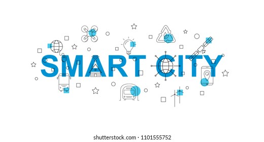 Smart city vector banner. Word with line icon. Vector background