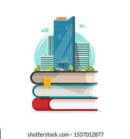 Smart city vector concept icon, flat cartoon university or school buildings on stack of books, idea of technology urban scene sign, knowledge tower or futuristic building modern graphic