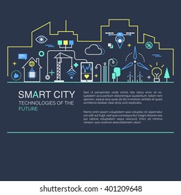 Smart city vector concept. Modern minimal linear design. Illustration of innovations and Internet of things. Green home and technologies.