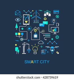 Smart city vector concept. Modern minimal linear design. Illustration of innovations and Internet of things. Green home and technologies.