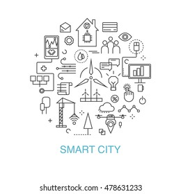 Smart city vector concept. Modern minimal linear design. Illustration of innovations and Internet of things. Green home and technologies.
