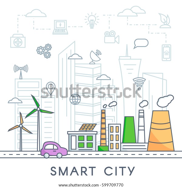 Smart City Vector Concept. Smart technology
and urban design elements in linear
style.