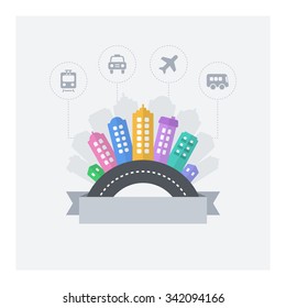 Smart city. Vector design of modern smart cityscape with text area and urban transport icons.