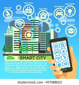 Smart city vector flat concept with internet thing, business communication and technology icons. Smart energy and education, innovation concept illustration