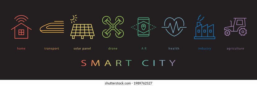 Smart city vector icon set. neon color on black background.