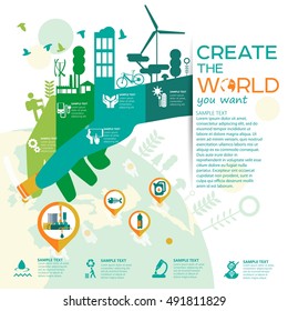 smart city vector illustration with different icons/ solving ecological problems/ colorful hand holding eraser/ eco- info graphics