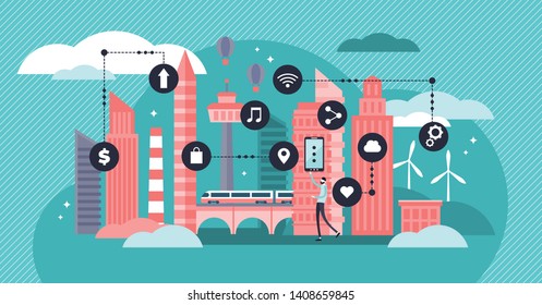 Smart City Vector Illustration. Flat Tiny Urban City Data Collection Persons Concept. Mobile Wireless Communication With Town Water, Transport And Energy Infrastructure. Futuristic Sensors Innovation.