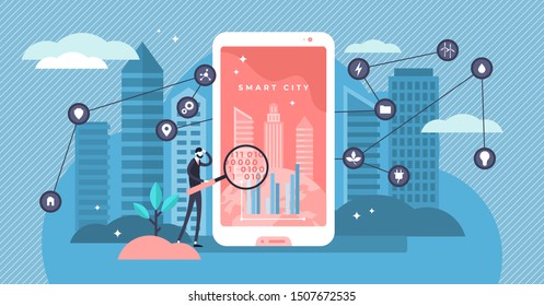 Smart city vector illustration. Flat tiny digital ergonomic urban persons concept. Wireless 5G communication possibilities using gadget network in cityscape. Intelligent GPS innovation environment.