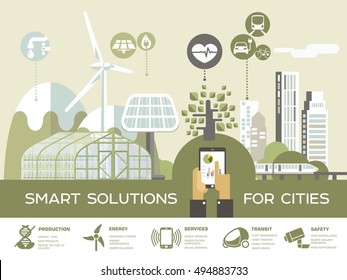 Smart City Vector Illustration/ City Landscape With Ecological Icons/ Smart Solutions For Cities/ Solving Eco Problems By Alternative Energy And Smart Technologies