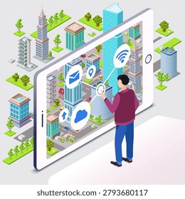 Smart city vector illustration. Man user and smartphone withresidential smart city infrastructure with internet cloud connection and technology communication. Isometric cartoon flat design