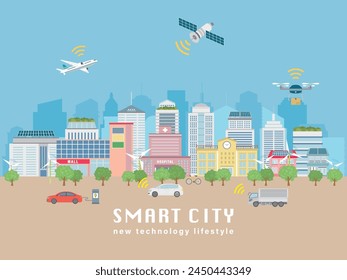 Smart city vector illustration. 
New technology cityscape.