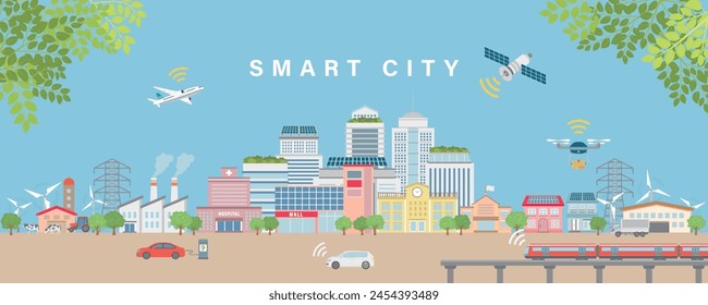 Smart city vector illustration. 
New technology cityscape.