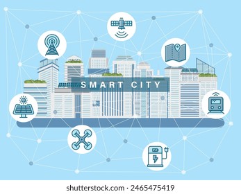 Smart city vector illustration. 
New technology cityscape.