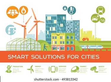 Smart city vector illustration/ smart solutions for cities/ city landscape with ecological elements and icons/ eco info-graphics