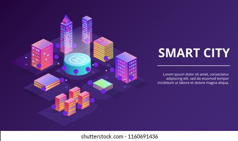 Smart city vector illustration of town infrastructure and modern buildings. Isometric innovation technology concept for residential houses and business offices in on purple ultraviolet background