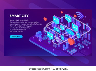 Ilustración vectorial de la comunicación de los usuarios en internet en la ciudad. Casas isométricas en conexión inalámbrica para chat en línea y criptodivisa de bitcoin para IOT en fondo violeta morado ultravioleta