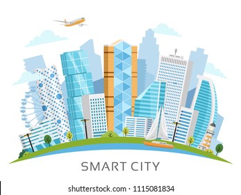 Smart city vector landscape with buildings, skyscrapers and river traffic arranged in arch