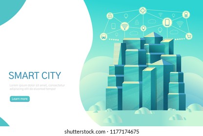 Smart city web concept banner with colorful skyscraper.. Urban landscape with smart infographic icon.