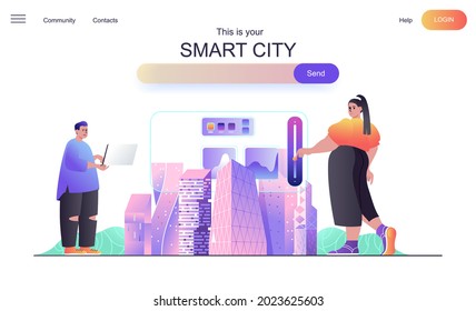 Smart city web concept for landing page. Man and woman use dashboard to control and manage homes and futuristic infrastructure banner template. Vector illustration for web page in flat cartoon design