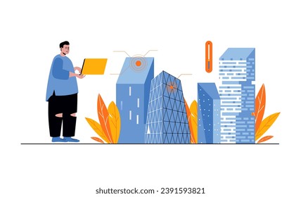 Smart city web concept with people in flat cartoon design. Man monitoring wireless infrastructure system performances of future city. Vector illustration for social media banner, marketing material.