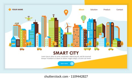 Smart city web page design with modern buildings and network connection. Vector illustration