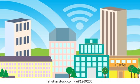 Smart city wi-fi. Buildings and trees, cafe. Vector illustration