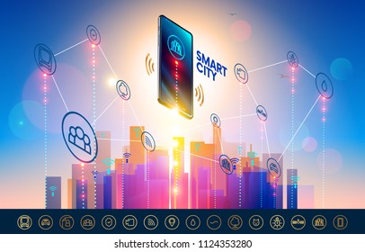 Smart city wireless communication network with smart phone. City infrastructure icons set. Isometric Smartphone over urban landscape connected with  icons town iot. 