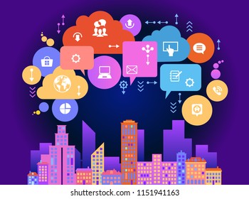 Ciudad inteligente y red de comunicación inalámbrica Personas y tráfico; redes, conexión e internet de las cosas iconos en la parte superior