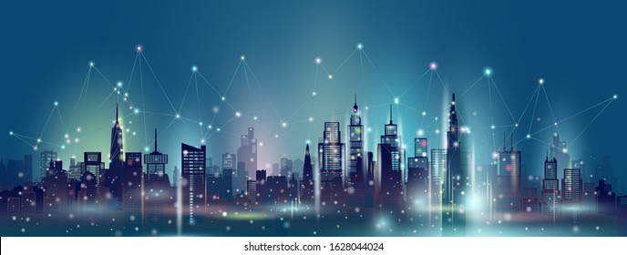 Smart city and wireless communication network technology in downtown skyscraper on blue background, Modern smart city and  architecture futuristic panoramic view, Vector illustration network city.