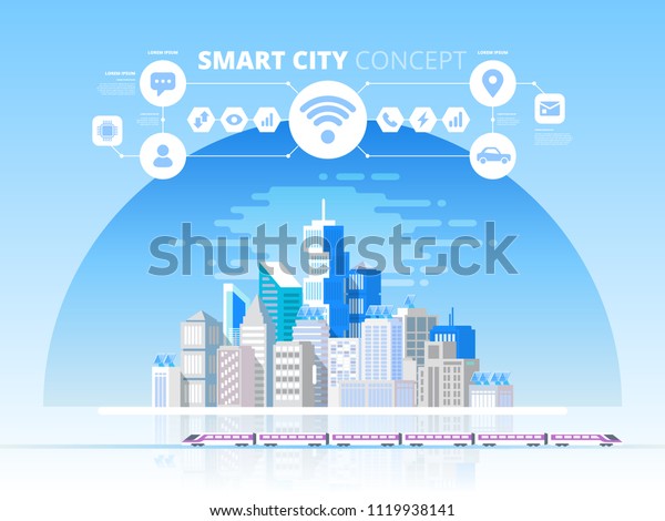 Smart\
City and wireless communication network. Modern city design with\
future technology. Vector design concept with\
icons