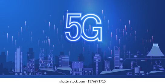 Smart city and wireless communication network,abstract image visual, internet of things. 5G concept of internet connection technology. 5G Design template neon sign, light banner, neon signboard.Vector