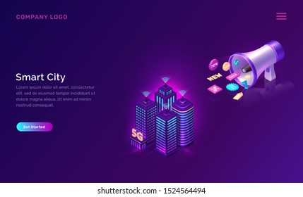 Smart city, wireless network technology, isometric concept vector illustration. Tall buildings with symbol wireless internet and loudspeaker with sale icons isolated on ultraviolet background