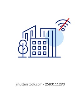 Smart city without wi-fi connection. Apartment buildings, tree and no internet symbol. Pixel perfect, editable stroke icon