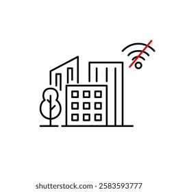 Smart city without wi-fi connection. Apartment buildings, tree and no internet symbol. Pixel perfect vector icon