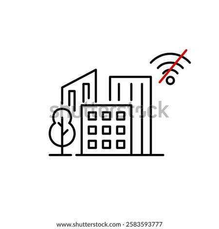 Smart city without wi-fi connection. Apartment buildings, tree and no internet symbol. Pixel perfect vector icon