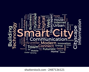 Plantilla de wordcloud de Smart City. Fondo de Vector de concepto de tecnología Cityscape.
