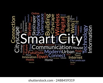 Smart City wordcloud template. Cityscape technology concept vector background.