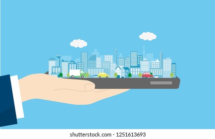 smart city,hand and smartphone,vector illustration