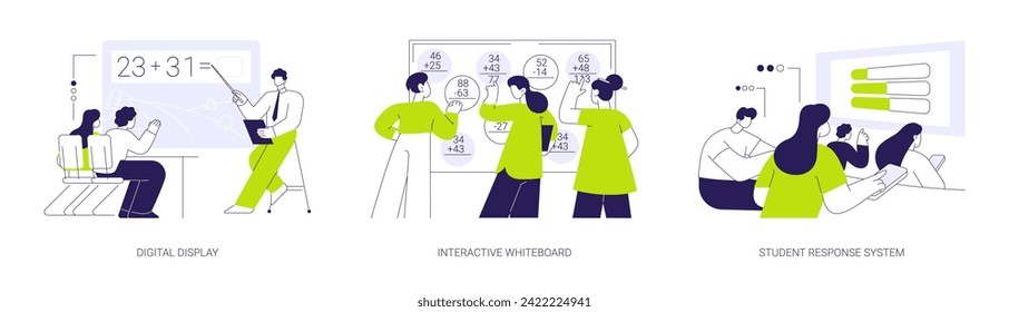 Conjunto de ilustraciones vectoriales abstractas de la tecnología de aula inteligente. Pantalla digital, visualización de datos en pizarra interactiva, sistema de respuesta estudiantil, programas de grado metáfora abstracta.