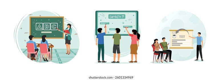 Smart classroom technology, Digital display. Student are solving a math equation together on a classroom chalkboard. Teacher presenting test concept to students in an academic session. 