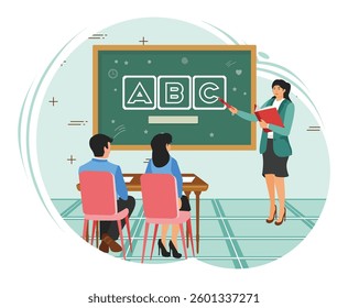 Smart classroom technology, Digital display. Teacher with student  in virtual classroom, smart classes. Flat vector modern illustration 
