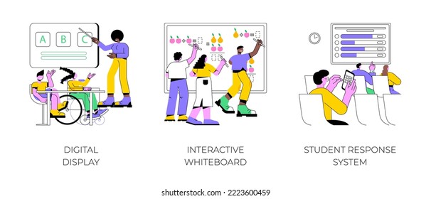 Smart classroom technology isolated cartoon vector illustrations set. Digital display, data visualizations on interactive whiteboard, student response system, degree programs vector cartoon.