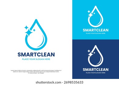Smart clean service logo template. Great for cleaning services, laundry, hygiene products, and technology solutions. Water drop symbol with sparkle effect. Editable vector.